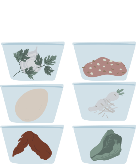Six small bowls, each holding one of the Seder plate's symbolic foods