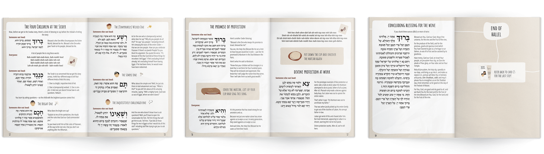 Three open spreads of the Seder Companion book, showing the Four Children page, a blessing and the closing page