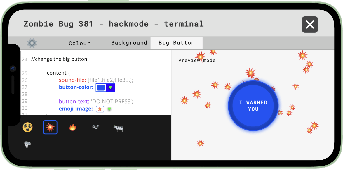 Hackmode terminal, Big Button tab, customising a warning button labelled I warned you