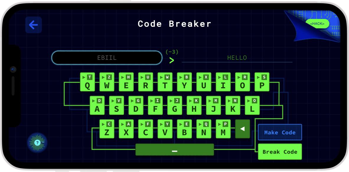 Code Breaker tool screen, decoding a shifted-letter cipher into the word hello