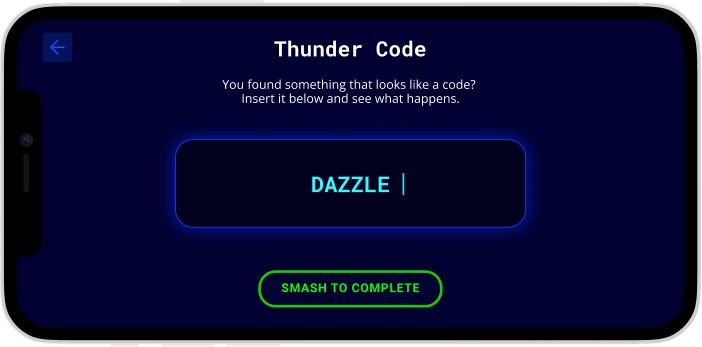 The CSA Mobile app's Thunder Code screen with the Dazzle code entered