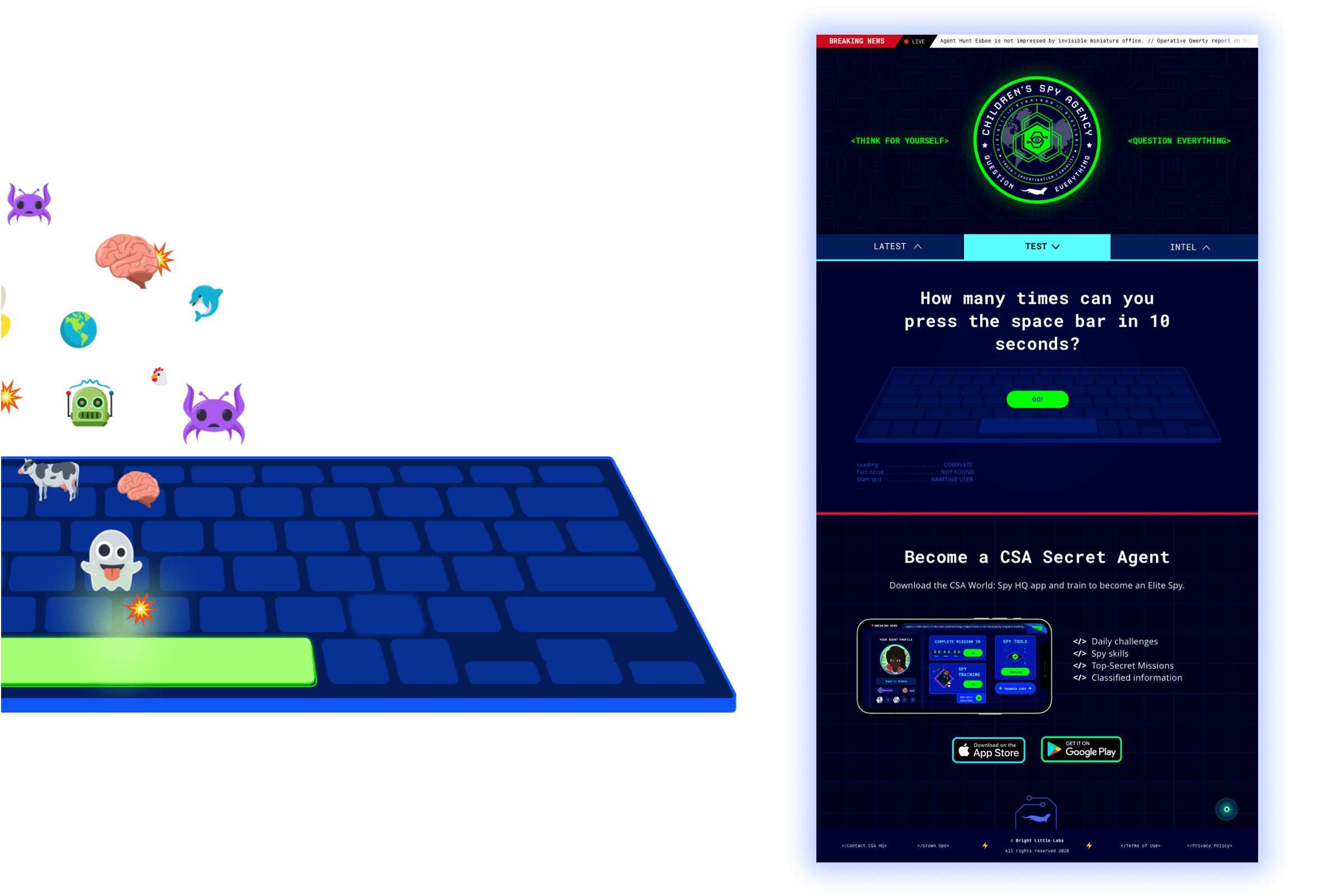 Falling emoji keyboard mini-game asking how many times you can press the space bar in 10 seconds