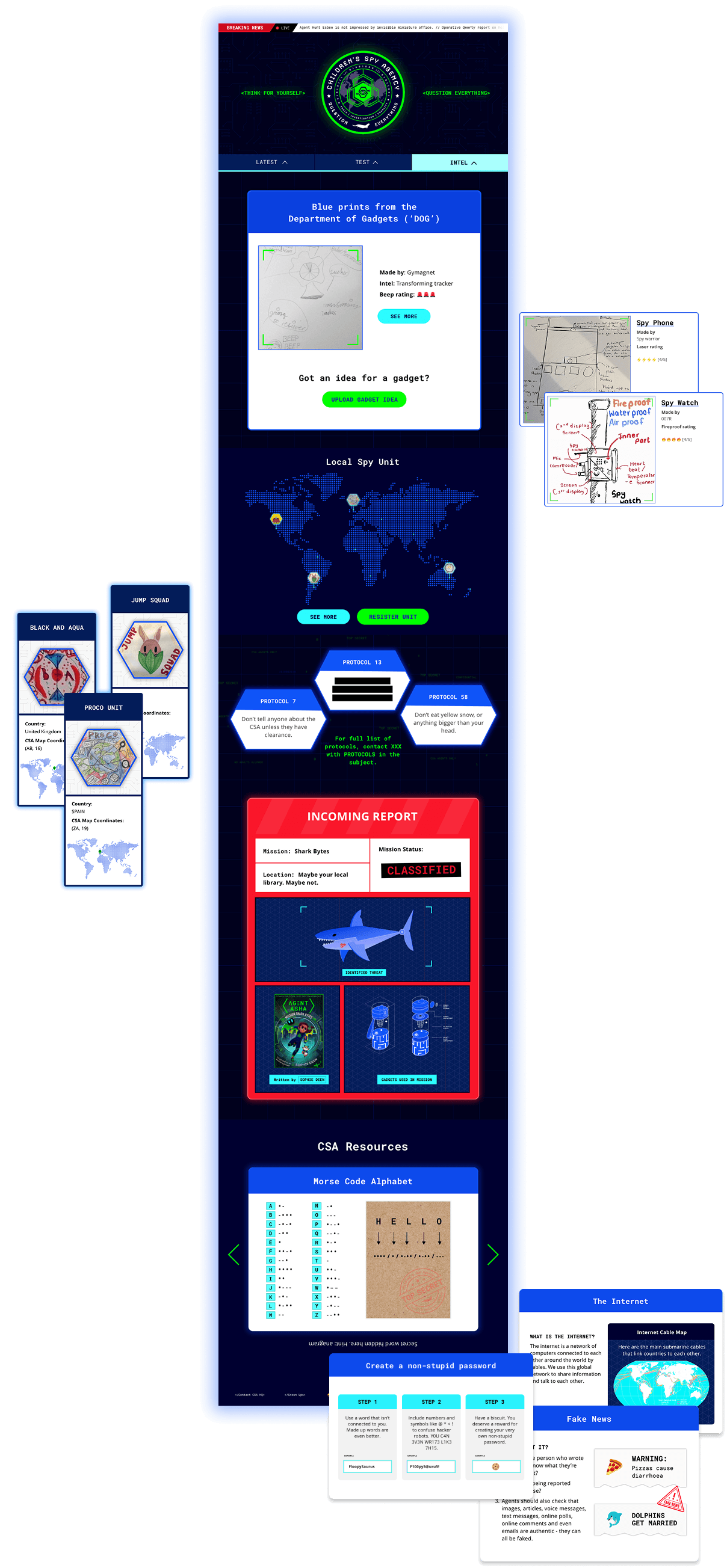 Full CSA INTEL tab: Department of Weapons blueprints, Local Spy Unit map, protocols, an incoming mission report and CSA Resources
