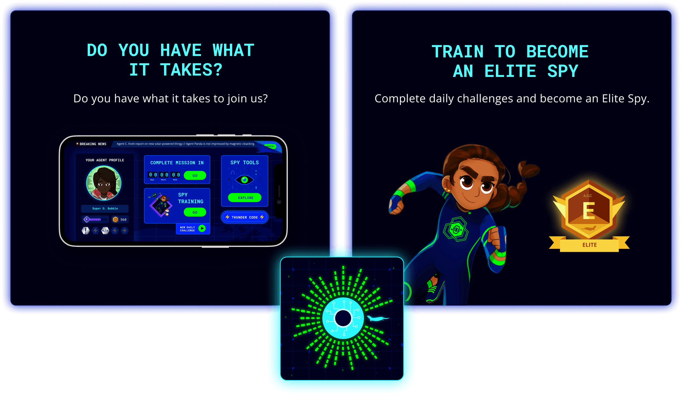 Do you have what it takes? and Train to become an elite spy promo cards