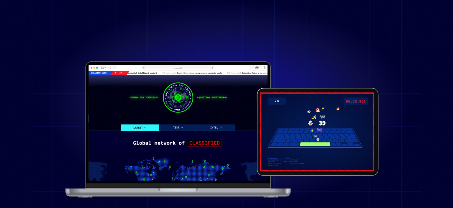 Laptop and tablet showing the CSA.world homepage, with a world map of classified spy locations and a keyboard mini-game