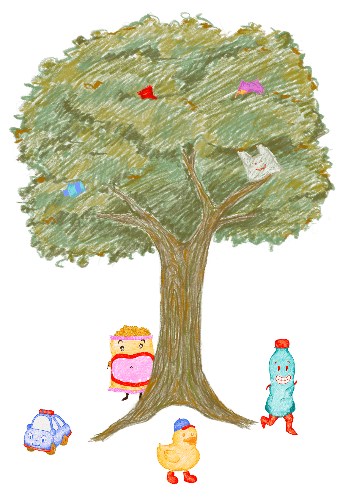 A tree with the Plastic Villain characters hiding around it
