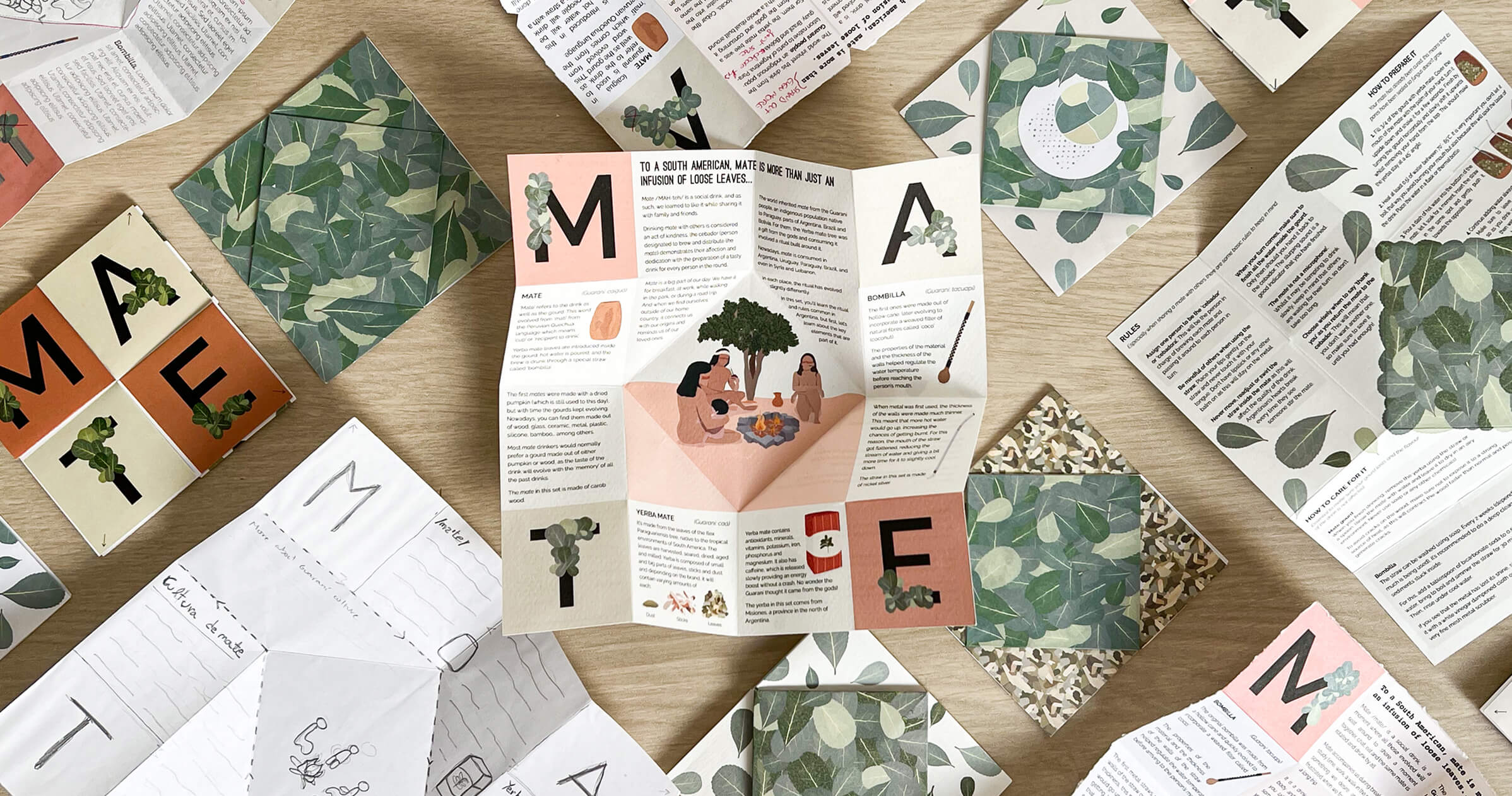 The Yerba Mate Set companion leaflet fully unfolded, surrounded by smaller folded paper pieces