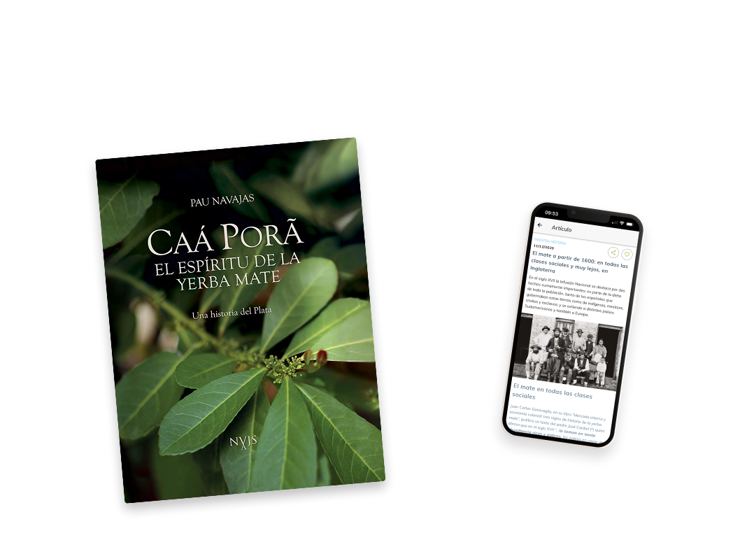 Reference book Caa Pora: el espiritu de la yerba mate next to a phone showing a research article on yerba mate's history