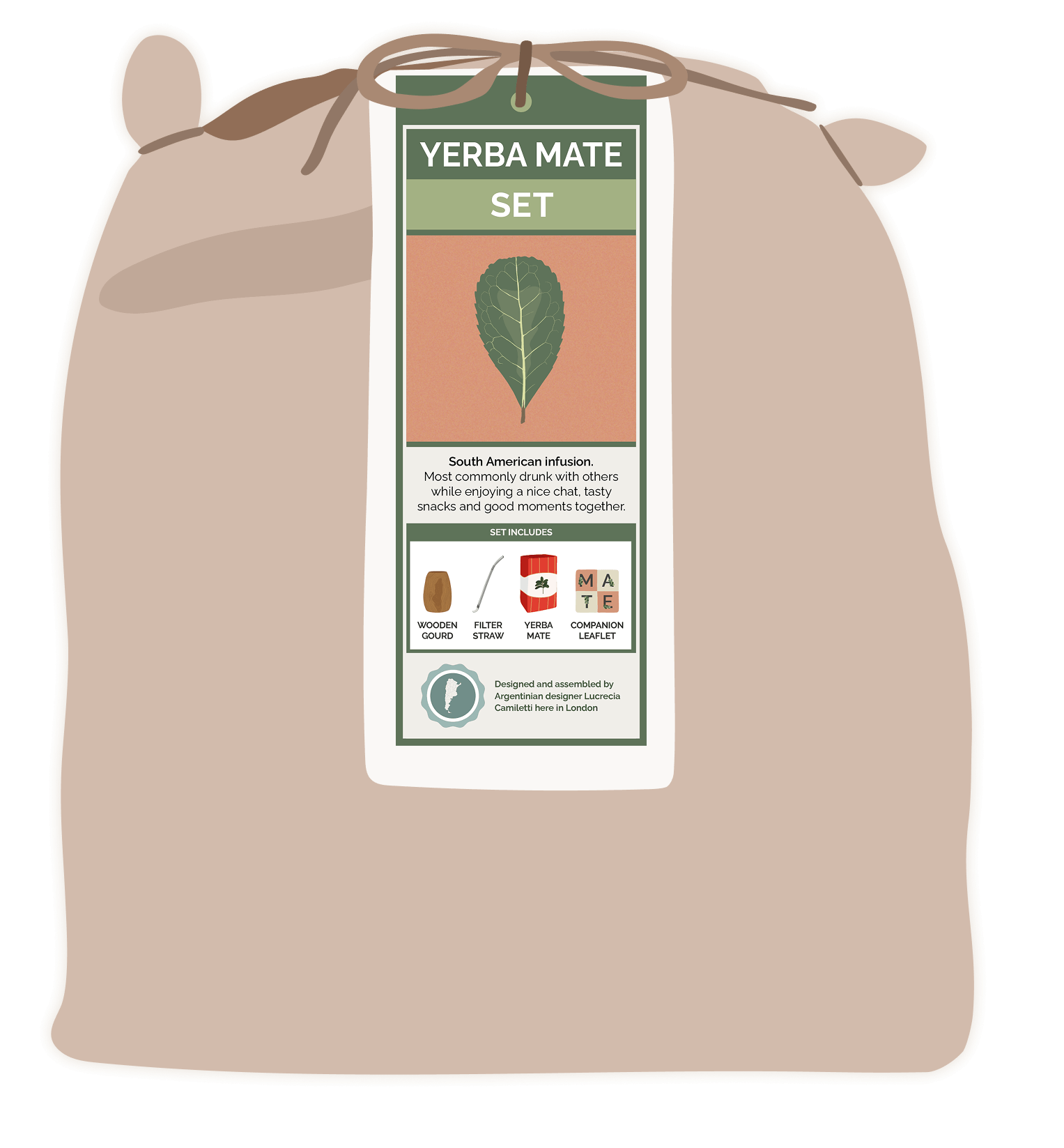The Yerba Mate Set packaging tag tied to the burlap bag